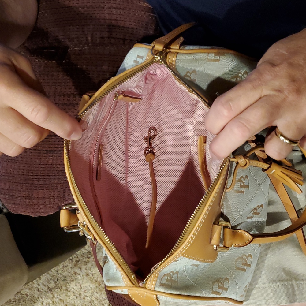 Dooney & Bourke Tassel Tan and Blue Domed Two Handle Satchel Bag - Picture 15 of 15